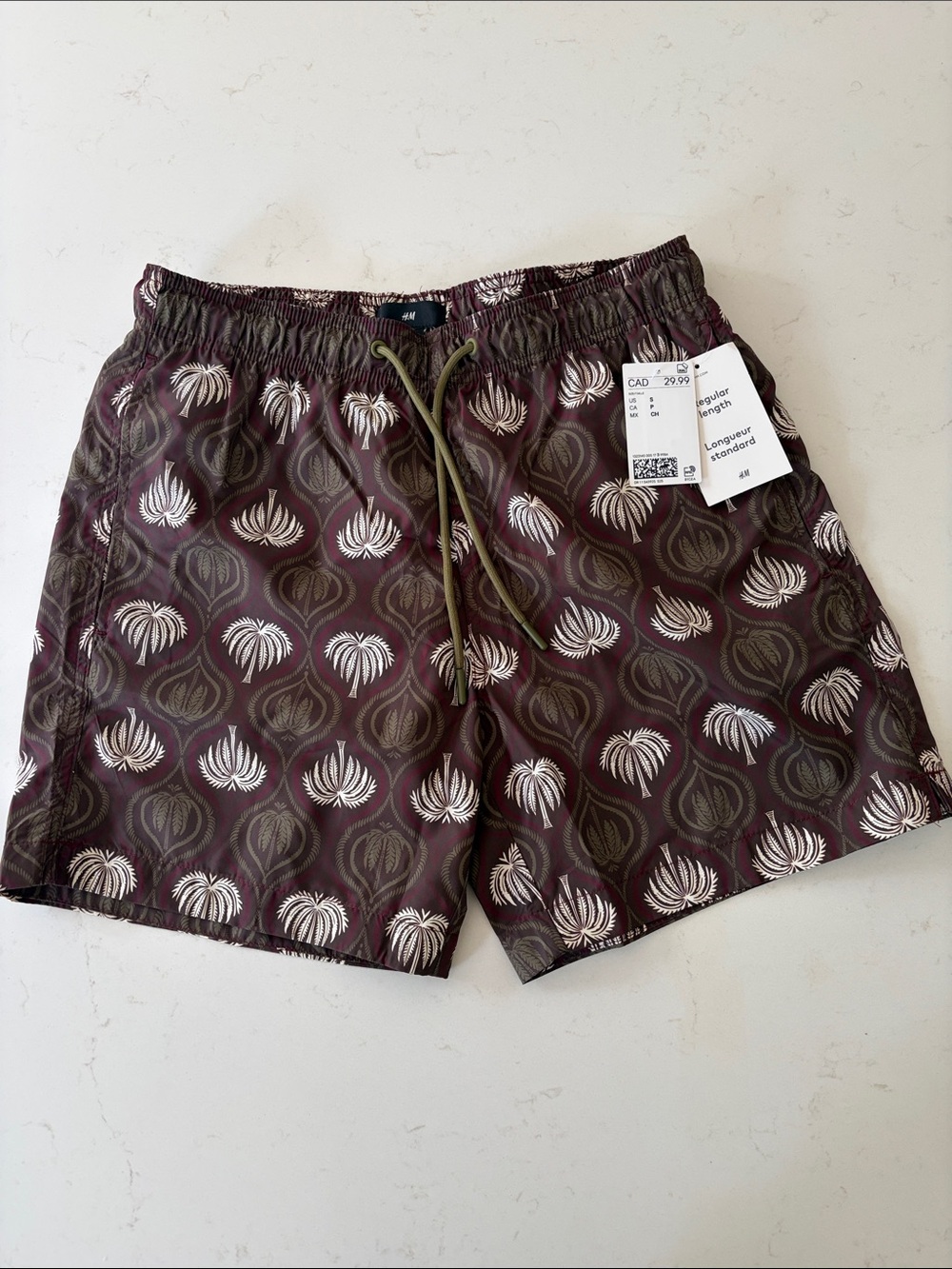 H&M Men's Burgundy and Olive Patterned Swim Trunks